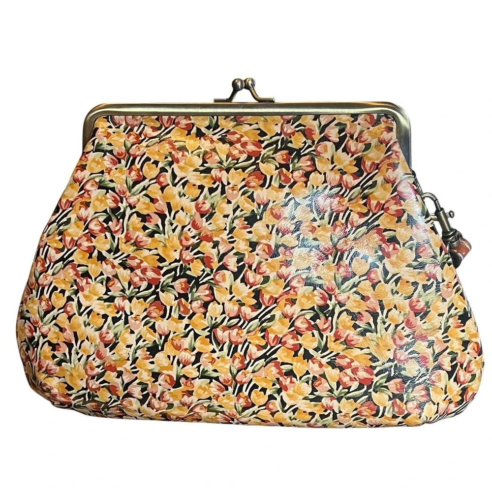 Patricia Nash Floral Leather Wristlet Yellow Orange Kiss Lock‎ Frame Bag Pouch